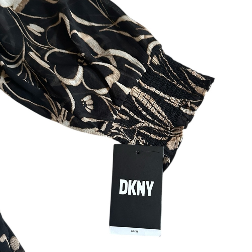 DKNY Printed Chiffon Long Sleeve A-Line Dress Black Beige Floral NWT 4 MSRP $139 - Picture 6 of 9
